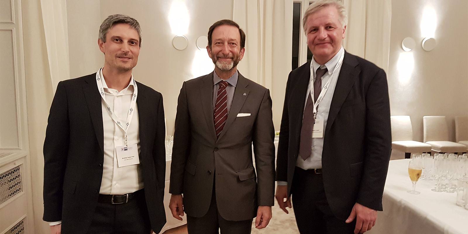 From left Andrea Iogna Prat, professor at Technical and Industrial Institute Malignani, Viktor Elbing, Germany's Ambassador to Italy and Giampietro Zamò, Work-Integrated Learning Officer, Danieli Academy